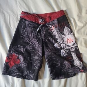 Affliction Skull Design Black and Red Board Shorts